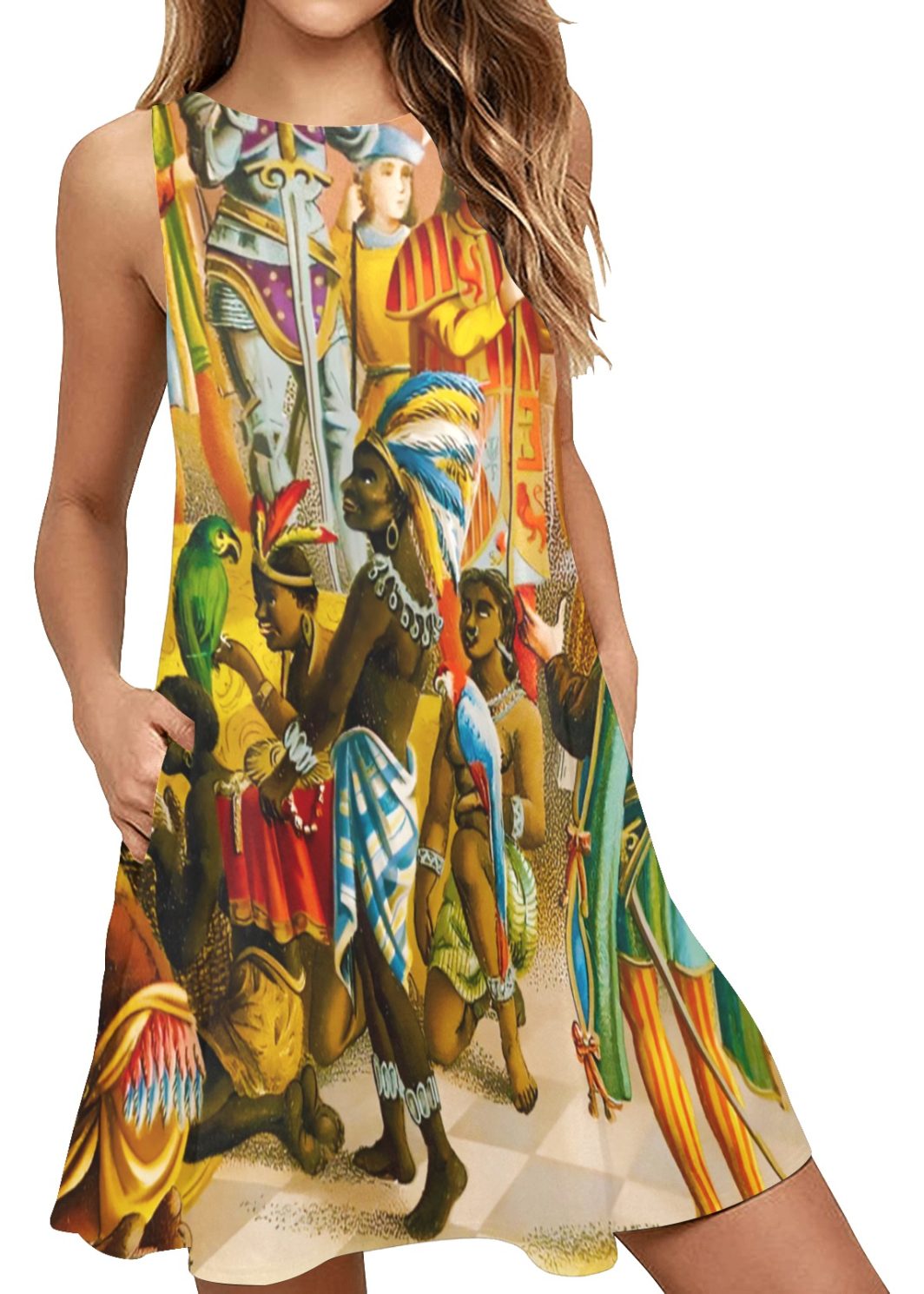 Arawak-Taino-update1b Sleeveless A-Line Pocket Dress (Model D57)