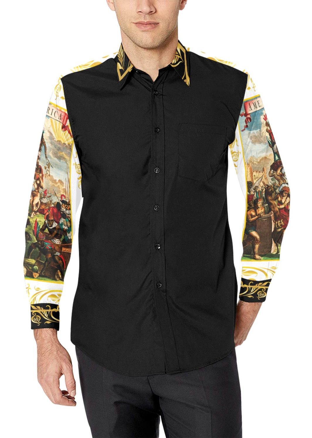 A4 America Exclusive Dress Shirt Black Collar Men's All Over Print Casual Dress Shirt (Model T61)