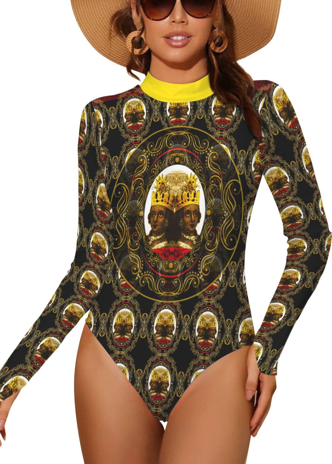 Empress-2024-update-1-transparent-gold-collar Backless Long Sleeve One-Piece Swimsuit (Model S60)
