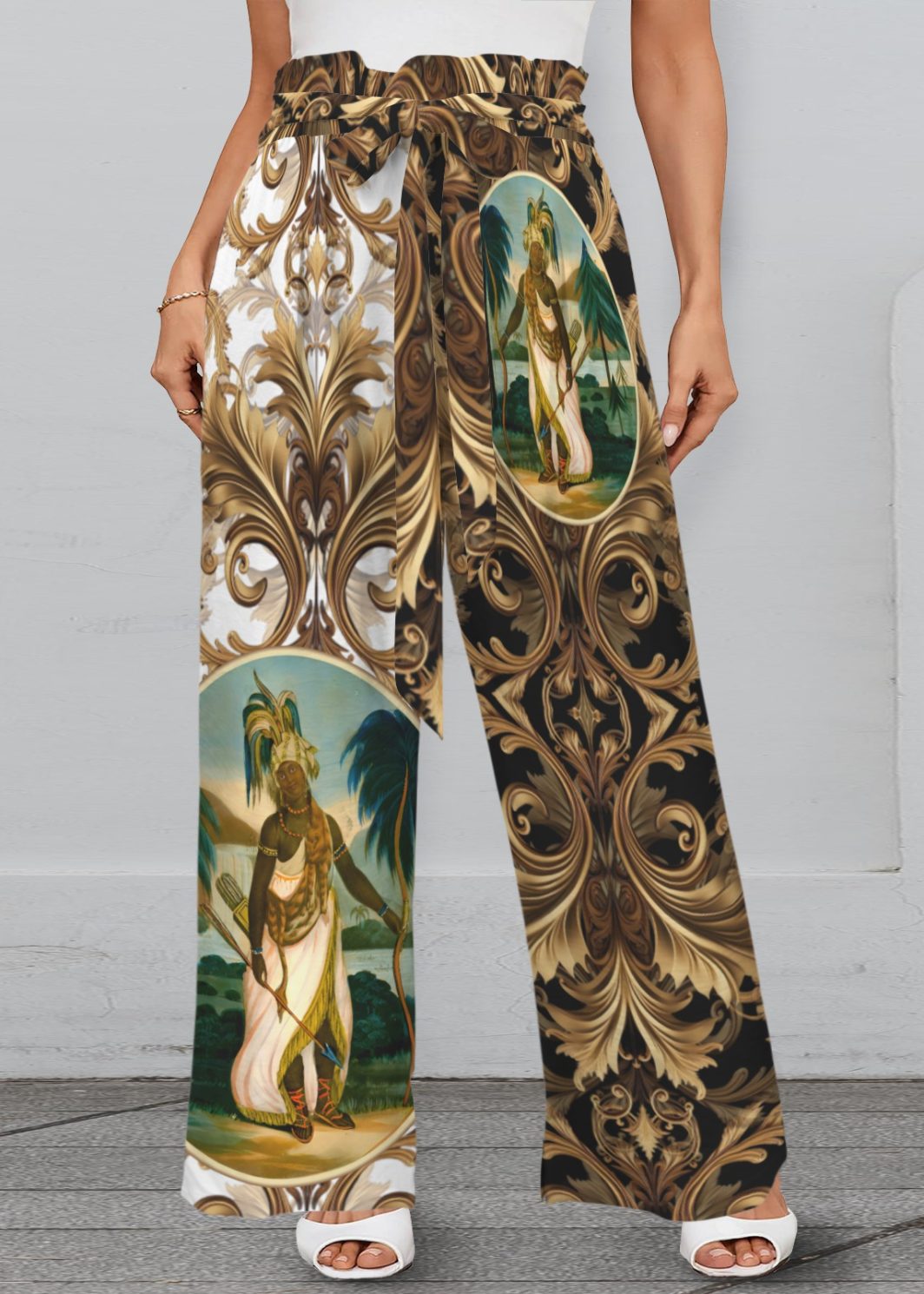 EOA Wide Leg Pants BW Floral Strappy Elastic Waist Wide Leg Pants with Pockets